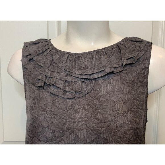Theory Gray Floral Lace Print Silk Sleeveless Ruffle Top, Size P - Picture 2 of 10